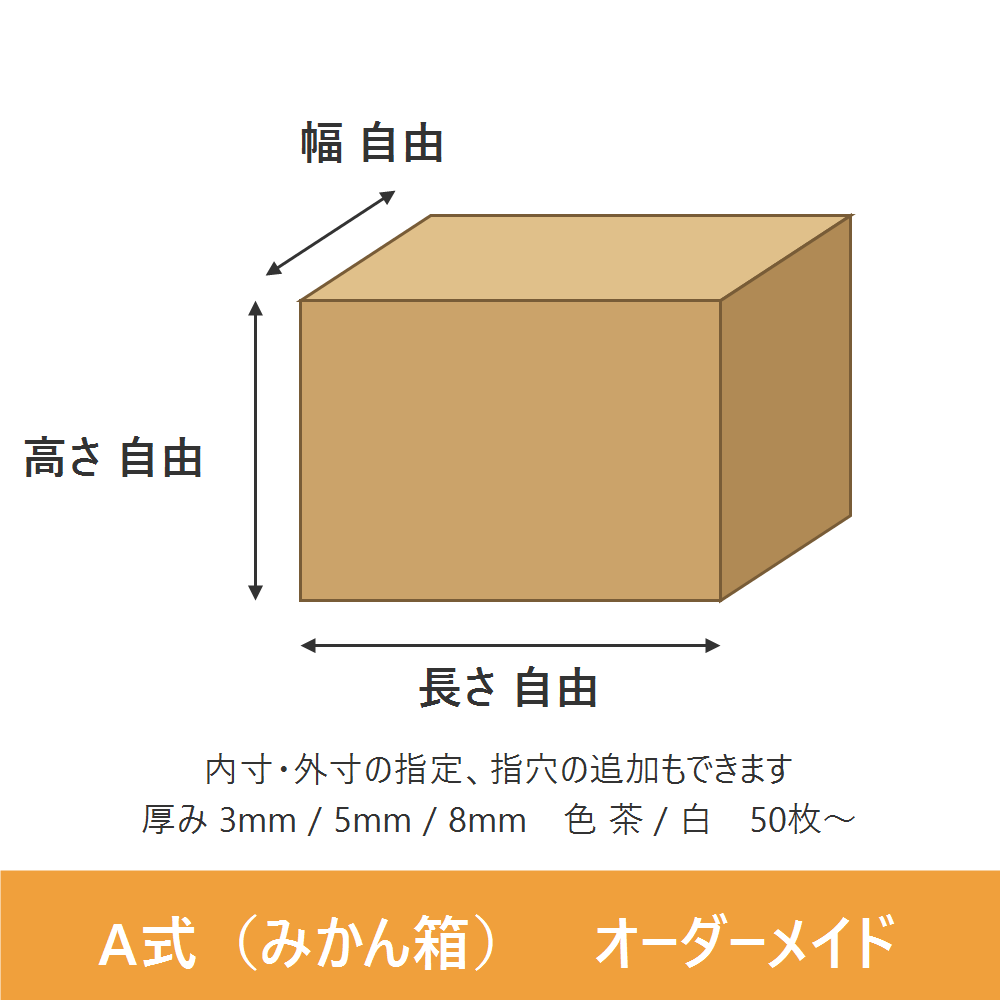 オーダーメイドのA式（みかん箱型）段ボール箱。長さ・幅・高さを自由に指定でき、厚み3mm・5mm・8mm、色は茶と白から選べる別注の段ボール箱