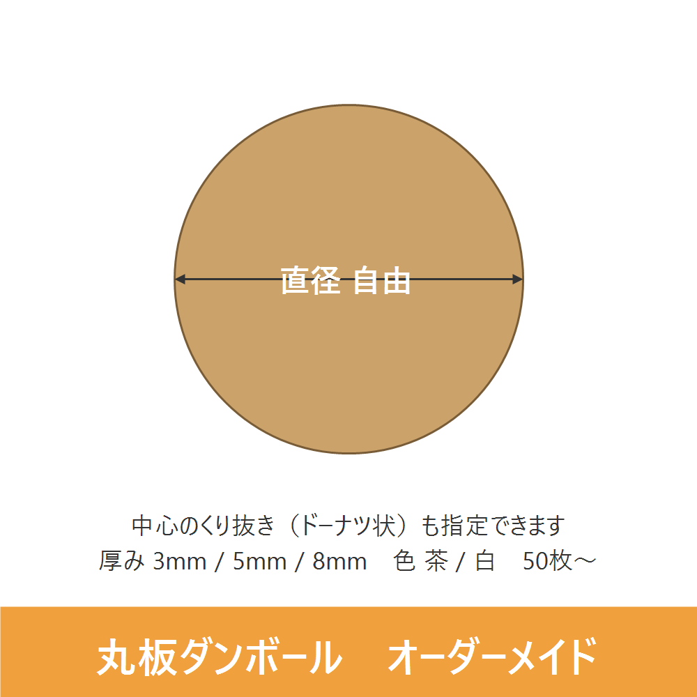 オーダーメイドの丸板ダンボール。直径を自由に指定でき、厚み3mm・5mm・8mm、色は茶と白から選べる円形の段ボール